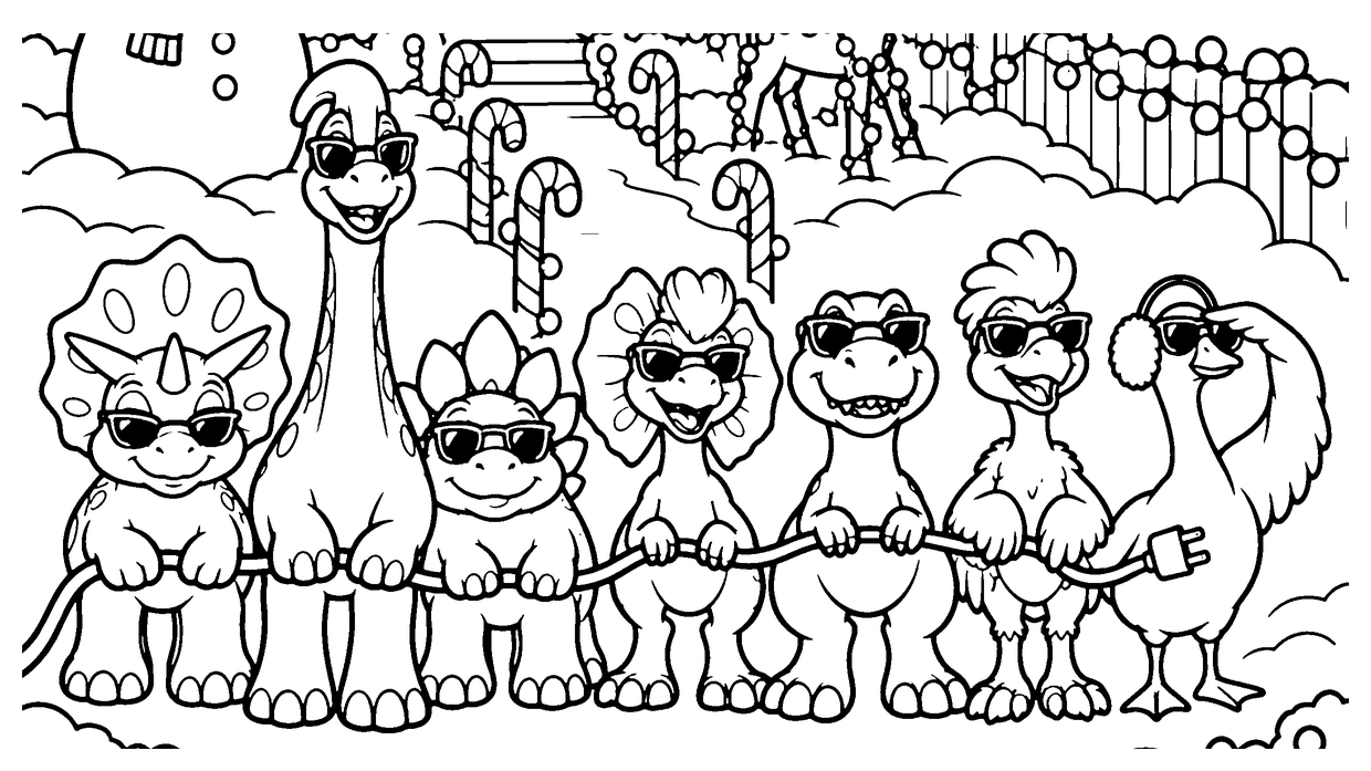 Line drawing of the six dinosaur friends and the goose wearing sunglasses